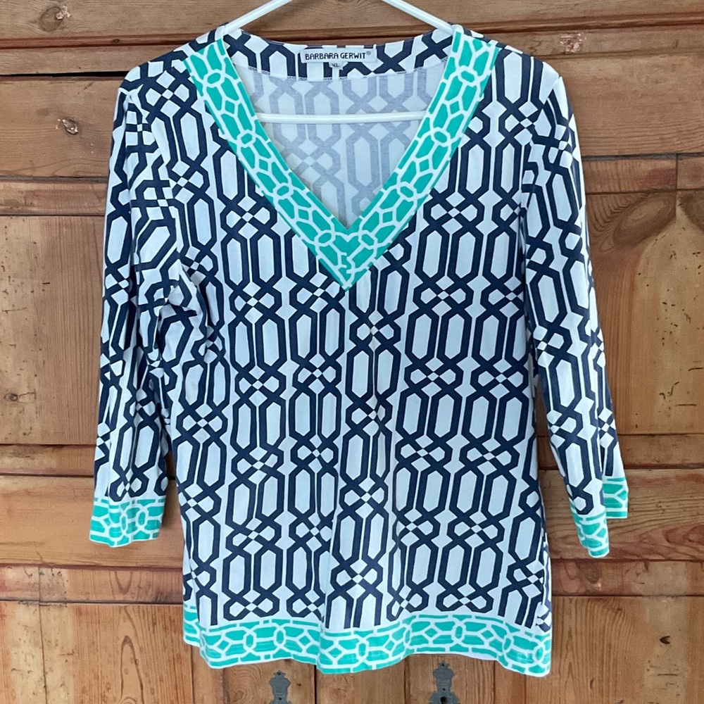Barbara Gerwit Navy & Teal Geometric V-Neck Long Sleeve Top